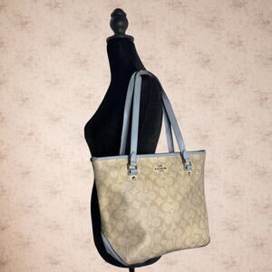 Coach Gallery Zip Top Tote Signature Canvas Tan/Blue